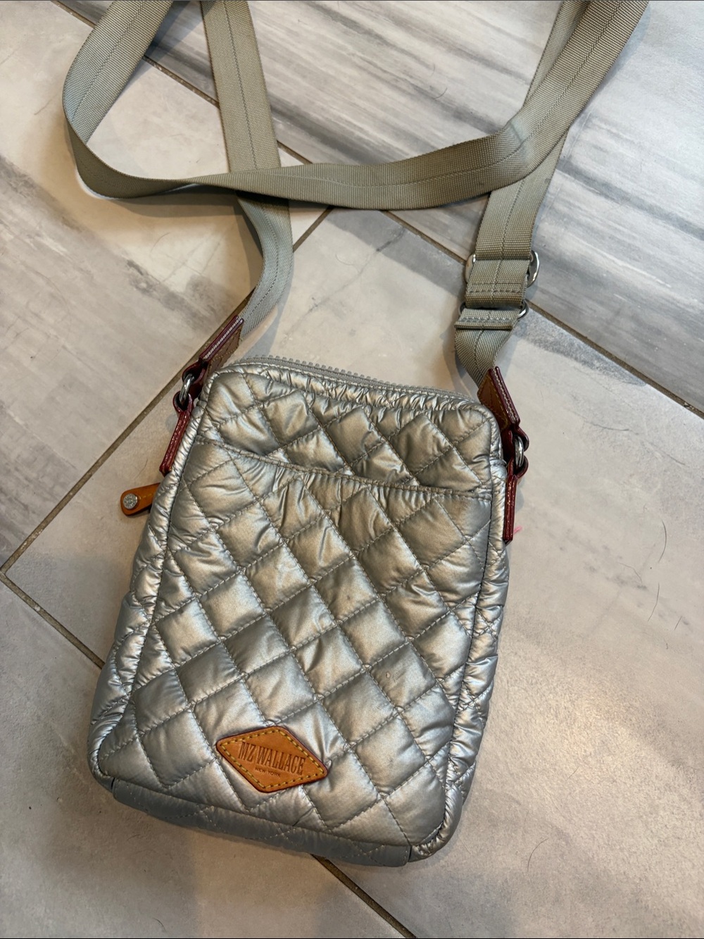 MZ Wallace Metallic Silver Quilted Crossbody with Tan Leather Accents